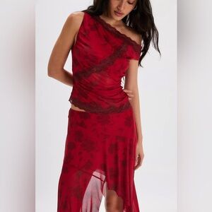 Free People Floral Mesh Lace Two-Piece Set Asymmetrical Skirt One-Shoulder Top